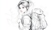 © Rinowz - A detailed sketch portrait of a woman with a backpack, set against a serene forest background, capturing her adventurous spirit and connection with nature, rendered