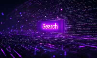 A glowing purple search button in a digital space.