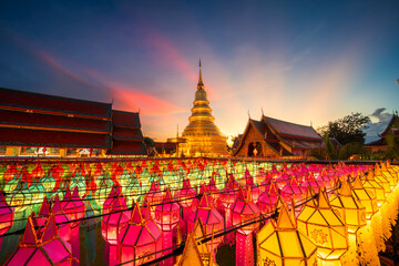 Wall Mural - Beautiful Lanna lamp lantern are northern thai style lanterns in Loi Krathong or Yi Peng Festival at Wat Phra That Hariphunchai is a Buddhist worship temple It a  tourist attraction Lamphun Thailand.