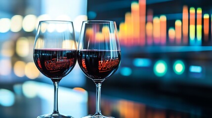 Two half-full glasses of red wine, placed on a sleek financial desk with colorful graphs projected on a transparent screen in the background