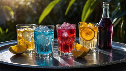 Carbonated soda in many flavors and colors in a glass of water.