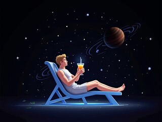 A hologram illustration of a person lounging on a beach chair, holding a drink. The figure is composed of glowing blue digital dots, floating in a serene, starry atmosphere with a futuristic vibe.