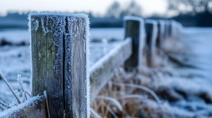 A row of old wooden fence posts stands in a tranquil winter setting, adorned with frosty crystals, as the early morning light gently illuminates the quiet landscape, showcasing nature's beauty.