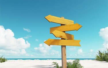 A wooden signpost with multiple arrows stands prominently on a sandy beach under a bright blue sky, symbolizing choice and direction amidst sunlit seascape.