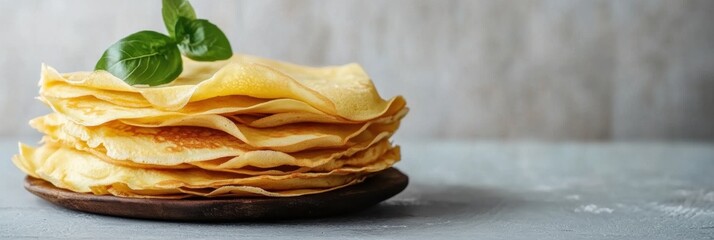 A stack of warm, golden crepes rests on a wooden plate beside a sprig of fresh green leaves, offering a delightful breakfast option. Generative AI