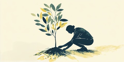 Silhouette of a Person Planting a Tree with Vibrant Leaves