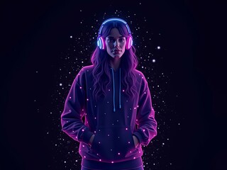 Neon hologram figure in a hoodie, listening to music with headphones, surrounded by glowing stars.