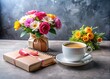 © DigitalArt Max - A warm red workspace featuring coffee, a notebook, a gift box, and fresh flowers on a grey backdrop inspires creativity and boosts productivity.