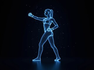 hologram illustration of a female gymnast posing on a dark background with bright blue particles creating a futuristic atmosphere.