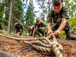 © Yelloone - Kids in uniforms practice knot tying in a lush forest during an outdoor activity focused on teamwork and survival skills.