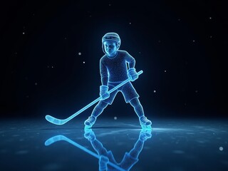 Futuristic holographic ice hockey player in mid-action on an ice rink, illuminated by glowing blue lines. Perfect for technology or sports themes.