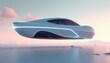 © Vladimir - Futuristic hovering car with sleek design and neon accents against a pastel sky background showcasing innovation and technology with copy space