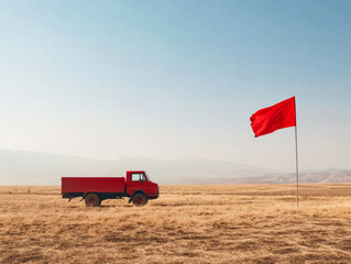 red truck parked in dry field with red flag waving in breeze, set against clear blue sky. scene evokes sense of solitude and tranquility