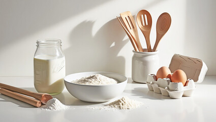 Minimalistic Kitchen Baking Essentials and Ingredients Process at Home, Ready to Bake, Flour, Milk, Eggs.