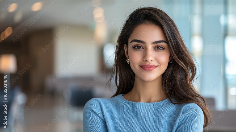 Young Indian Woman In A Light Blue Outfit At A Modern Airport Lounge ...