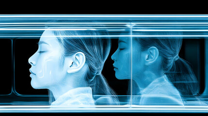 Wall Mural - Two Women Looking Away, Abstract Wireframe Portrait, Futuristic Style