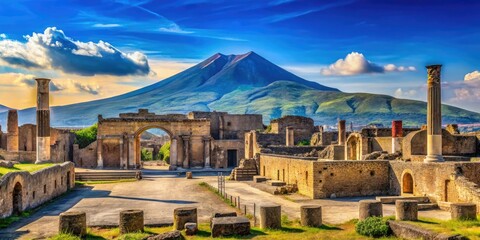 The picturesque landscape of Pompeii ruins meets the iconic Mount Vesuvius, set against a clear blue sky, highlighting Italy's remarkable historical and geographical allure.