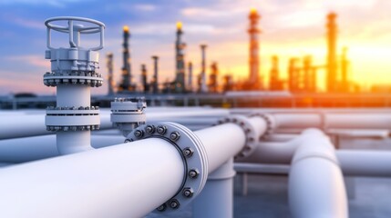 A close-up view of white industrial pipes against a backdrop of a refinery and a colorful sunset, emphasizing the infrastructure of oil and gas transportation.