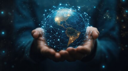 A hand holding a globe with connected lines, concept of global communication