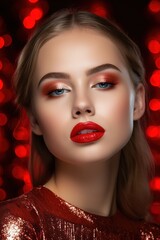 Beautiful young model with glossy red lips and eyeshadows. Perfect skin wet face effect. Metallic makeup.