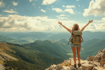 A young woman stands on a mountain crest, arms lifted in victory, reveling in the stunning vistas around her.