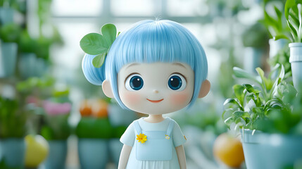 Poster - Cute Cartoon Girl with Blue Hair Smiles in a Garden Setting