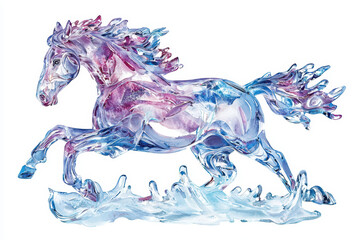 A stunning ice sculpture of a galloping horse, captured with vibrant colors and water-like splashes, symbolizing beauty and grace.