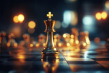 Fototapeta Góry - Golden king chess piece is standing on chessboard with other chess figures in background. Concept of strategy and tactics for winning