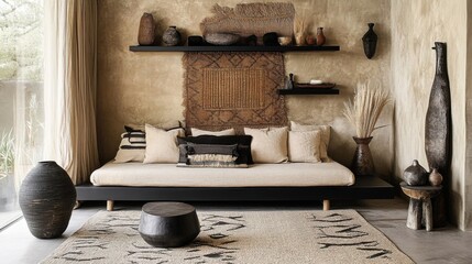 Boho style living room with daybed black shelf pillows beige decorations and textured wall decor