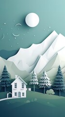 Wall Mural - Vertical 3d paper cut forest landscape mountain paper cut style natural landscape scene illustration