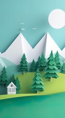 Wall Mural - Vertical 3d paper cut forest landscape mountain paper cut style natural landscape scene illustration