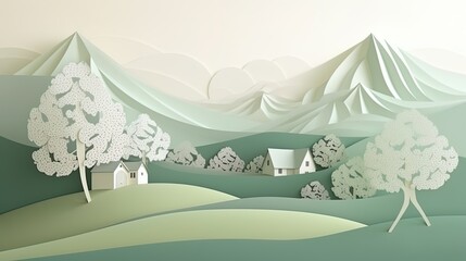 Wall Mural - 3d paper cut forest landscape mountain paper cut style natural landscape scene illustration