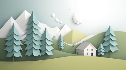 Wall Mural - 3d paper cut forest landscape mountain paper cut style natural landscape scene illustration