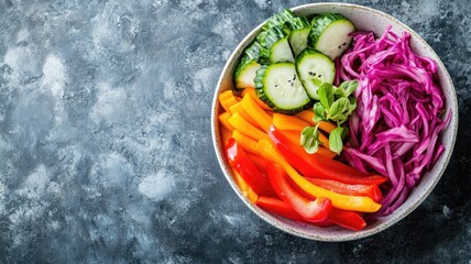 Wall Mural - Vibrant bowl of fresh-cut vegetables including cucumbers, bell peppers, and red cabbage on textured background