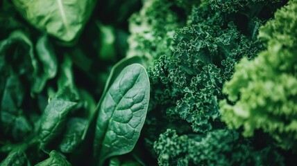 Wall Mural - Fresh, leafy green vegetables including spinach and kale in focus