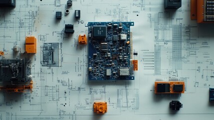 Electronic Circuit Board with Technical Drawings Background