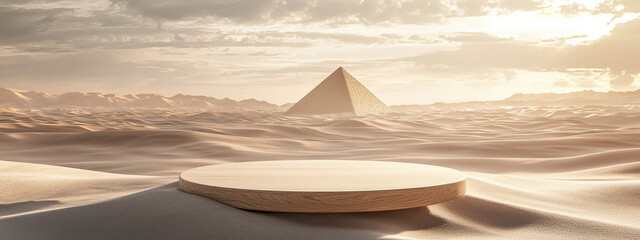 Cozy Minimalist 3D Circular Podium with Pyramid Backdrop in Desert Theme