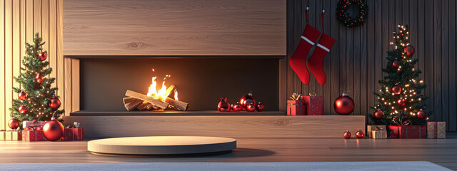 Luxurious Cozy 3D Podium for Product Display with Festive Holiday Scene, Candles, Pine Cones, and Christmas Lights