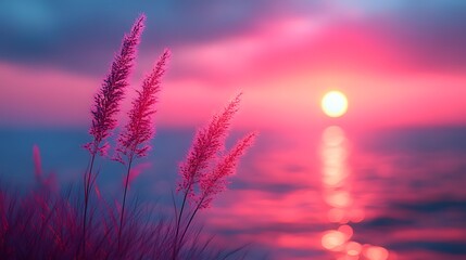 Wall Mural - pink sunset over the ocean with grass in the foreground.