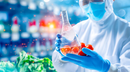 A scientist in protective gear holds a beaker with a reddish liquid in one hand and fresh tomatoes in the other, illustrating research into food safety in a high-tech lab