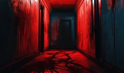 Wall Mural - Blood-stained hallway with a closed door.