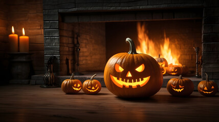 halloween pumpkin on a black background,  jack o lantern, candle light, ai generated