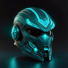 A closeup of a futuristic helmet design with a teal metallic finish and glowing blue accents, highlighting its intricate details and technological advancements.