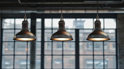 Three metal lamps lighting up a grey loft space