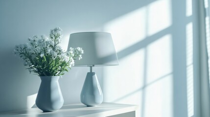 Living room vignette with blue lamp flowers minimal shelf decor modern stylish interior scene