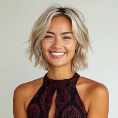 Portrait of a smiling platinum blonde woman with 80s style haircut wearing a patterned top against a neutral background capturing joyful and confident expression