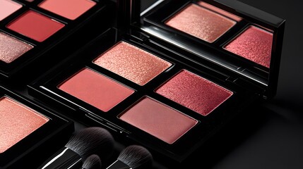 A makeup palette with blushes and brushes, set against a black background