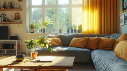 Boho style living room with gray sofa wooden table and warm yellow decor cozy atmosphere home design