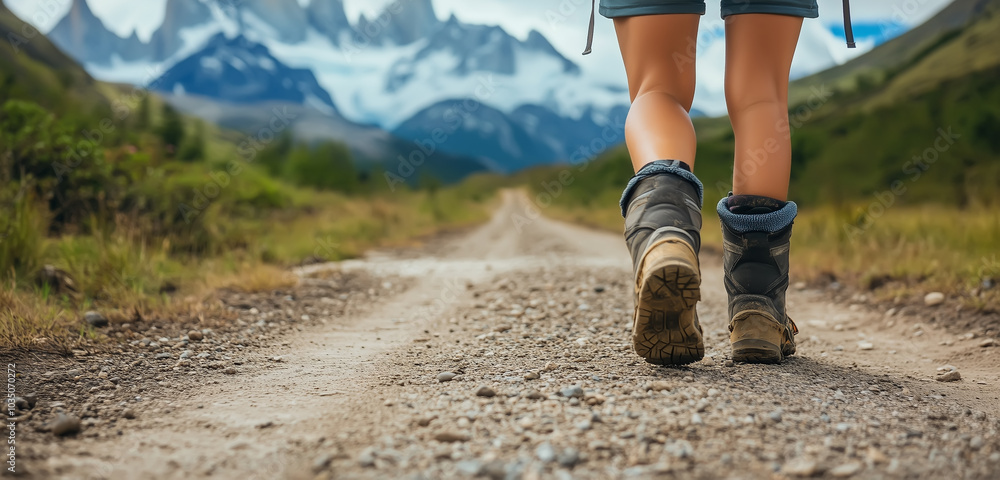 back view of a backpacker's feet walking on a dirt road with mountains ...