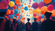 © Phunnada - A vibrant and festive graduation scene with graduates celebrating outside, surrounded by colorful balloons and banners